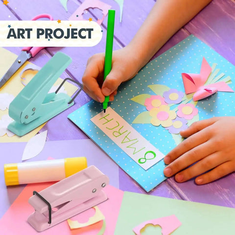Child crafting with Six Color Single Hole Puncher Pack In One Quarter Inch Metal Handheld, art supplies on table, close-up view.