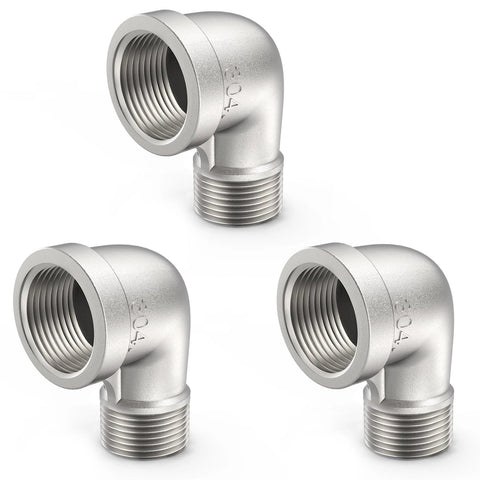 Three ChillWaves 304 stainless steel 1/2 in NPT male x 1/2 in NPT female 90° elbow pipe fittings, 3-pack.