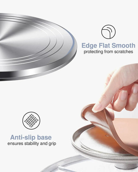 12 Inch Aluminum Alloy Rotating Cake Turntable With Non Slip Silicone Bottom, showing smooth surface and anti-slip base.