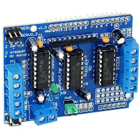 L293D Motor Drive Shield For Arduino And Raspberry Pi, blue expansion board, supports up to 10V, 600mA per channel, Duemilanove compatible.