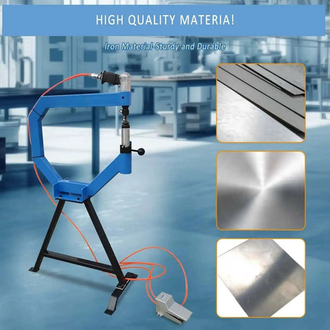 Industrial Beefy Pneumatic Planishing Hammer With Four Inch Throat Anvil And Pedal Air Planishing Tool For Metalwork And Auto Body 875 To 1350 Hits Per Minute One Quarter Inch NPT Inlet Includes Three Radius Anvils displayed in a workshop with metal samples.