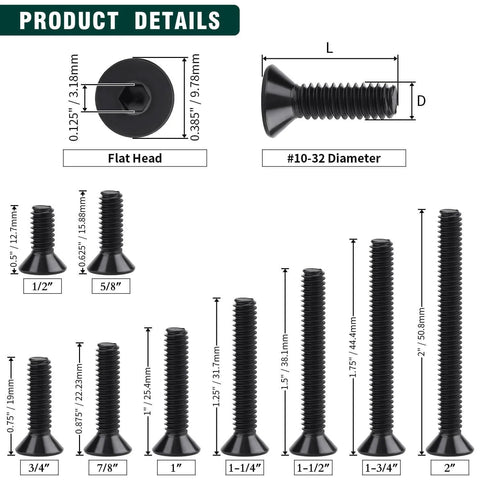 Diagram showing dimensions of 10-32 By 3/4 Inch Flat Head Socket Head Cap Screws Black Oxide Coated 304 Stainless Steel 18-8.