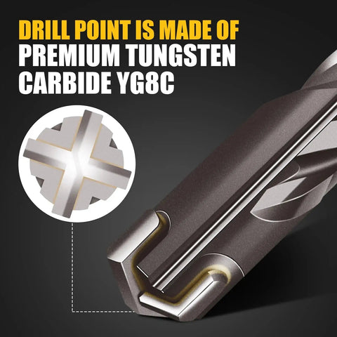 Close-up of Half Inch By Twelve Inch SDS Plus Rotary Hammer Drill Bit With Carbide Tip Four Cutter for brick and concrete
