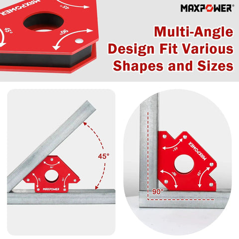 Powerful 75 Lbs Welding Magnets Set Two Piece With 45 Degree And 90 Degree Magnetic Holders For Welding Work Heavy Duty Metal Fabrication Tool Secure Lock On Steel And Iron Center Hole For Easy Grab Ideal Positioning And Quick Tacking shown in use on metal frames.