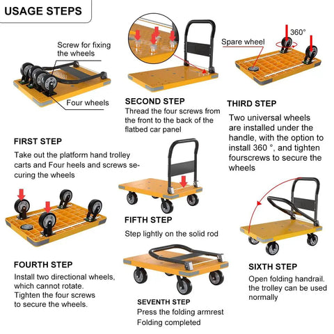 Assembly steps for Heavy Duty Folding Push Cart With Reinforced Platform And 360 Degree Swivel Front Wheels, instructions shown