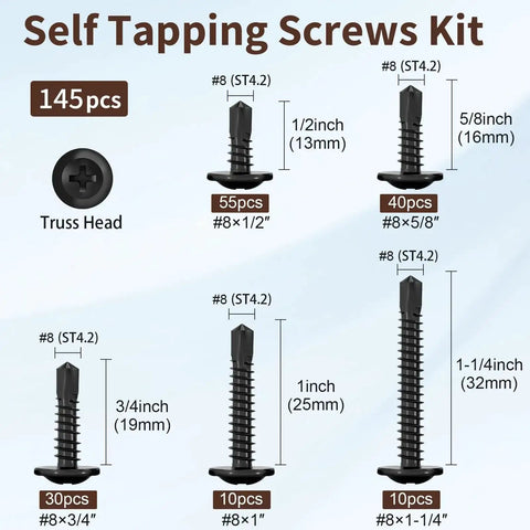 145 Piece Self Tapping Screws Set For Metal Projects In 410 Stainless Steel With Black Zinc Plating, size details shown
