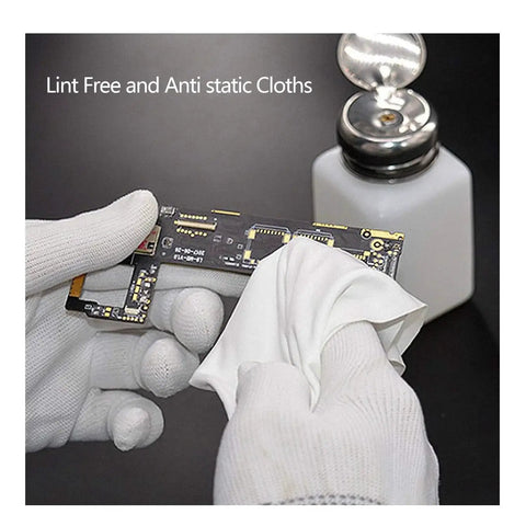 Person using Cleanroom Wipes 9x9 150 Pcs Polyester Microfiber Ultra Soft Laser Sealed Edges on electronics.