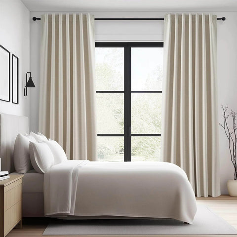 Heavy Duty Blackout Curtains For Track System, 9 Ft Long Cream Tan 2 Panel Set With Back Tab Pleat Design in bedroom window