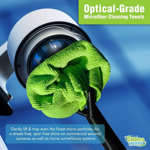 Ground Safe Surveillance Camera Cleaning Tool With Solution And Reusable Towels cleaning a camera lens with green microfiber towel