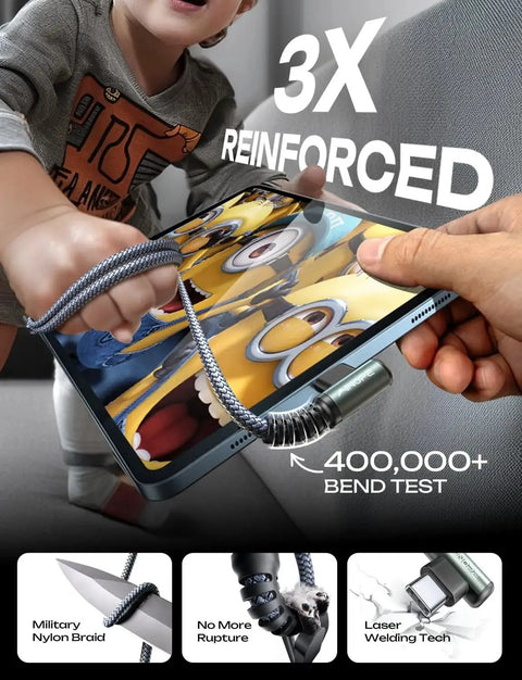 Child holding a tablet connected with Right Angle USB C to USB C Cable 60W 6.6ft Fast Charging 2 Pack, showing durability and bending test.