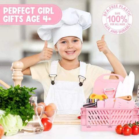 Toddler Knife Set For Real Cooking Kid Safe Knives With Cutting Board Montessori Kitchen Toys Built For Safe Pretend Play And Early Learning Gift For Girls Ages 3 To 8 Year Old shown with child chef in a kitchen setting.