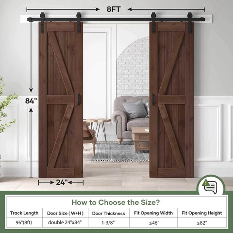 48x84 Inch Double 24x84 Inch Sliding Barn Wood Door Slab With 8ft Hardware Kit And Handle In Coffee Finish installed in living room