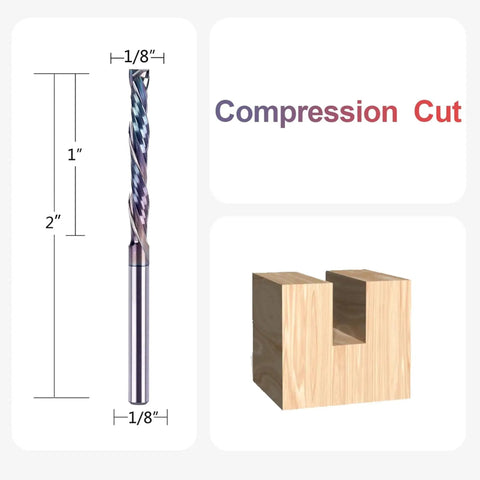 5 Pack Compression Spiral Router Bits 1/8 Inch Shank 1 Inch Cutting Length Up Down Carbide CNC Router Bit For Wood Slotting And Trimming With Tac Extreme Tool Life Coating SpeTool shown with dimensions and wood cut example