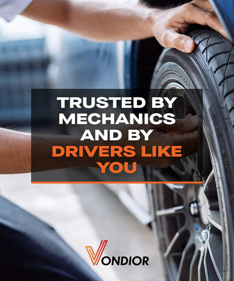 Vondior tire pressure gauge in use; mechanic checks car tire pressure near alloy wheel, Vondior branding visible