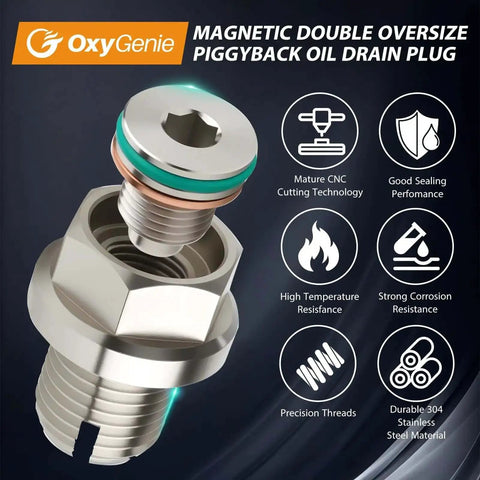 Double Oversize Magnetic Piggyback Oil Drain Plug Kit M14x1.5 Stainless Steel Self Tapping Oil Pan Thread Repair overview
