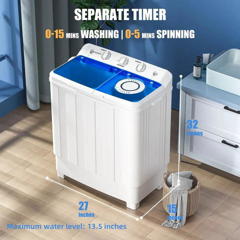Front view of Portable Twin Tub Washing Machine With Spin Dryer Drain Pump for Dorms RVs, showing control panel and dimensions.