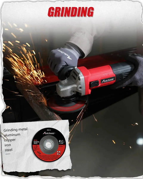 Angle Grinder Four And A Half Inch 7.5 Amp Electric Grinder With Grinding And Cutting Wheels in use, sparks visible