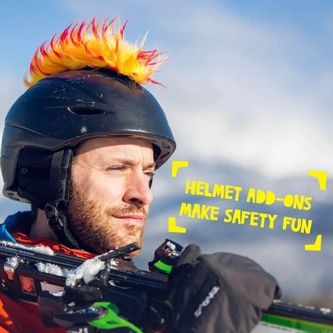 Man wearing Iguana Themed Helmet Mohawk Accessory With Sticky Hook And Loop Fastener Adhesive Easy To Attach And Remove Helmet