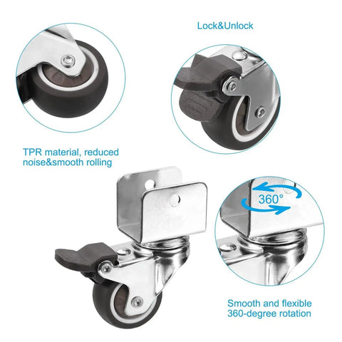 1.5 Inch Swivel Caster Wheels With 1 Inch U Bracket Four Pack Mute Casters With Brake For Cabinets Furniture And Tables Total Load 132 Lbs 60 Kg TPR Wheel And Mounting Hardware Included, close-up showing wheel detail and locking mechanism.