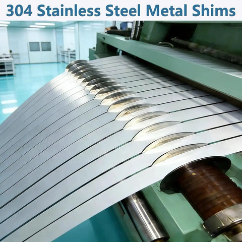 304 stainless steel metal shims being processed in factory for 30 Piece Burr Free Stainless Steel Shim Stock Set 1 Inch Wide By 6 Inches Long Thin Metal Shims 0.0007 To 0.01 Inch Thick For Leveling Cabinets Kitchen Trim Gap Filler Home Improvement