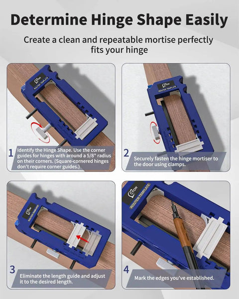 Step-by-step guide using All In One Door Hinge Jig Kit For Quick Mortises Fits Three To Five Inch Hinges And One Quarter Or Five Eighths Inch Door Thickness Router Template For Easy Install Flush Round And Square Corner Hinge Mortises In A Pro Grade Durable Blue.