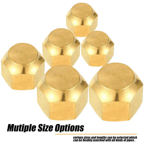 Six brass pipe cap fittings with hex bodies for 1/4 to 3/4 in OD tubes