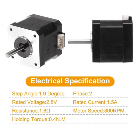NEMA 17 Stepper Motors 5 Pack For 3D Printer And CNC Machines By Meccanixity with specifications, showing two motors side by side