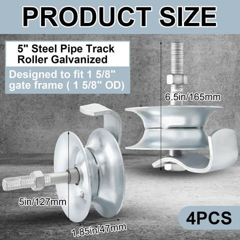 4 Pack 5 Inch Sliding Gate Rollers Kit With Galvanized Steel Pipe Track For 1 And 5 Eighths Inch Gate Track Fence Hardware