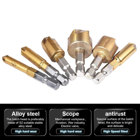 Countersink Deburring Drill Bit Set For Wood, Metal, Fiberboard, Plywood, Plastic, PVC, 6 Pcs, 90 Degree 5 Flute High Carbon Steel