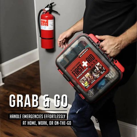 Person carrying Comprehensive 400 Piece OSHA ANSI First Aid Kit Type III Class A Medical Supply, next to wall-mounted fire extinguisher.