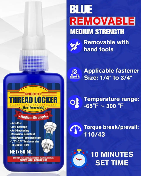 Blue Thread Locker Medium Strength For Nuts Bolts And Fasteners Removable Anaerobic Adhesive This 50ml Bottle Prevents Loosening From Vibration In Automotive Machinery And DIY Projects, shown with product details.