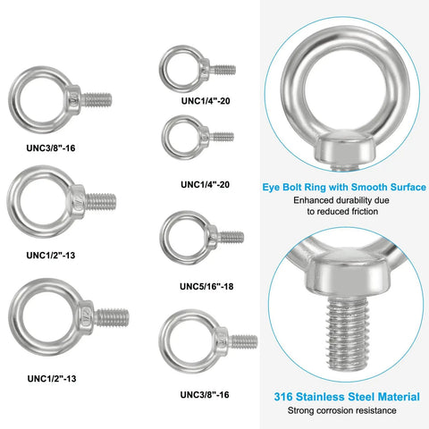 Six Pack 1/4-20 UNC Lifting Eye Bolts Set, 316 Stainless Marine Grade Eye Bolts With Threaded Rings for various uses shown