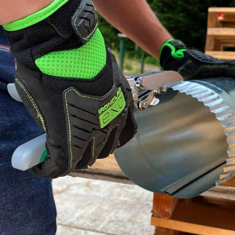 Using five blade sheet metal crimping tool with soft grip handles and safety lock on ductwork