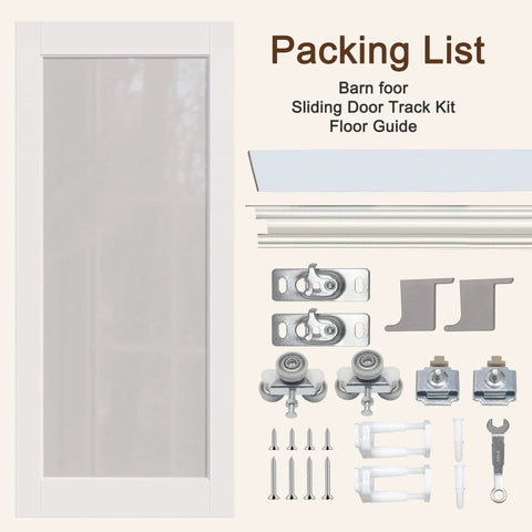 36 Inch By 80 Inch White Sliding Barn Door With Hardware Kit Full Lite Tempered Frosted Glass Solid Core Construction Paintable Surface For Closet Bedroom And Bathroom No Hassle Easy Install packing list shown