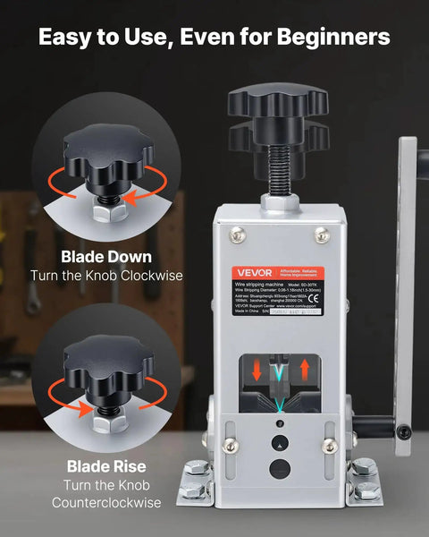 Front view of Heavy Duty Wire Stripper Machine with hand crank, showing blade adjustment knob for copper cable stripping.