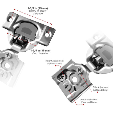 Close-up of Soft Closing 3/8 Inch Overlay Face Frame Cabinet Hinges, 105 Degree, 6-Way 3-Cam Adjustable Concealed Kitchen Door Hinges
