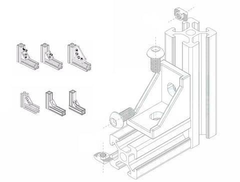 Illustration of 2020 Series Aluminum Profile Connector Set for 6mm slot extrusions with corner brackets, T slot nuts, M5x8mm bolts.