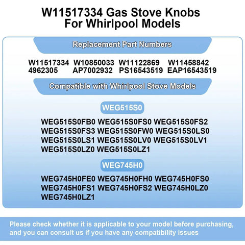 Chart showing compatibility for Easy Swap 5 Pack Gas Range Knob Replacements including models WEG745H0FS0 and WEG515S0FB0.