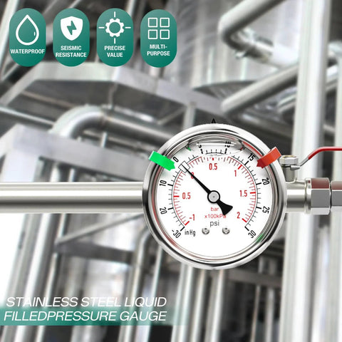 Glycerin Filled Stainless Steel Vacuum Pressure Gauge With Center Back Mount 2.5 Inch Dial Quarter Inch NPT Dual Scale From Minus 30 InHg To 30 Psi installed on industrial piping.