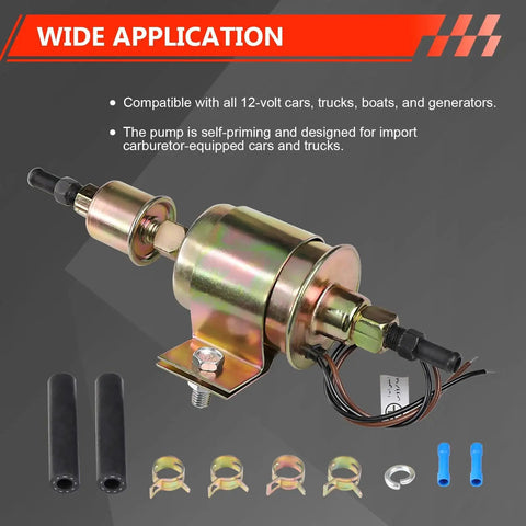 High Performance 12V Inline Fuel Pump For Gasoline And Diesel Engines With 5 To 9 PSI And 30 GPH No Fuss Install Plug And Play Mount Replaces E8012S FD0002 P60430 EP12S And 6414671 Broad Vehicle Compatibility, shown with mounting accessories and wires.