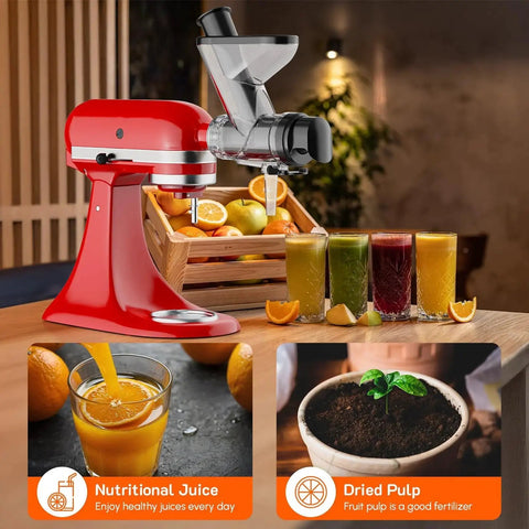 Front view of red KitchenAid stand mixer with Cofun masticating juicer attachment mounted, dual feed chute.