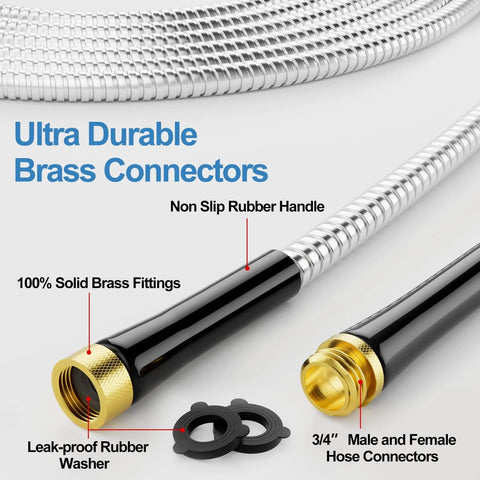 SPECILITE 50 ft stainless steel garden hose with 3/4 inch brass connectors and non-slip rubber grip