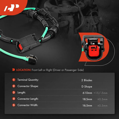 Close-up view of A-Premium brake pad wear sensor harness for Jaguar XF, red 2-pin connector, green wires.