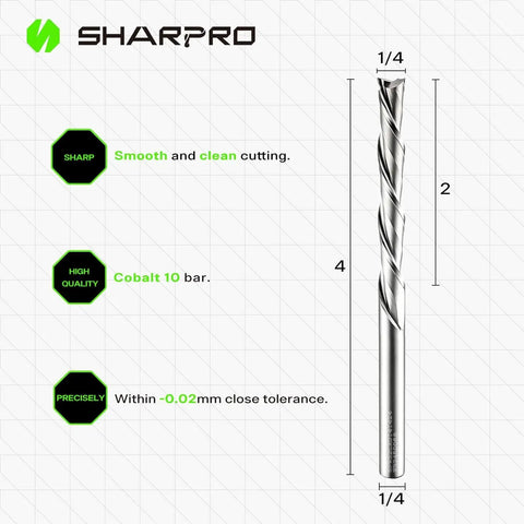 Professional Grade Quarter Inch Spiral Downcut Router Bit With Quarter Inch Shank For Wood Inlay And Grooving, Solid Carbide End Mills For CNC Routers, Go-To Two Inch Cutting Length, Four Inch Overall Length displayed with measurements.
