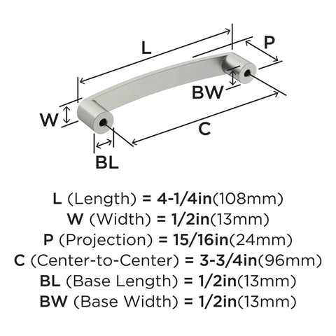 Diagram of Contemporary Satin Nickel Cabinet Pull Rift Finish With Four And A Quarter Inch Overall Length And Three And Three Quarters Inch Center To Center Mounting Holes dimensions.