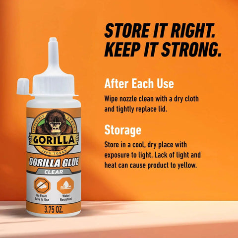 3.75 oz bottle of Gorilla Glue Clear with storage and use instructions; Crystal Clear All Purpose Glue For Wood Stone Metal Ceramic Water Resistant