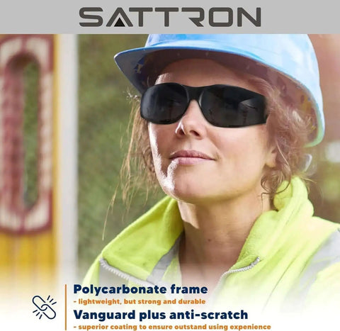 Person wearing 50 Pack Tinted Safety Glasses With Scratch And Impact Resistance Dark UV Protective Lenses For Construction Outdoor Work And Shooting Affordable Eyewear That Blocks Glare And Keeps Your Eyes Safe