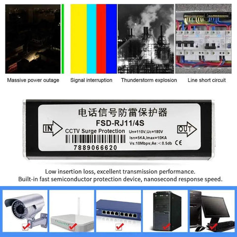 RJ11 Telephone And Fax Surge Protector With 110V Thunder Arrester and 10cm Ground Wire Metal IP20 Shield for phone protection