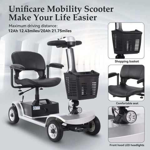 Four Wheel Electric Mobility Scooter For Travel And Everyday Errands With 419 Pound Capacity Foldable Design Rotating 360 Degree Seat Electromagnetic Brake Front Storage Basket UL Certified Safety And Up To 21 Mile Range, shown from front angle with storage basket and LED headlights.