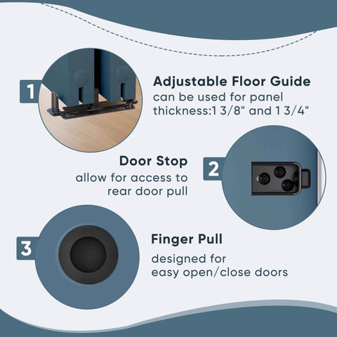 5 Foot Heavy Duty Bypass Door Hardware With Finger Pulls, Aluminum Sliding Closet Door Track For Two Door System, Quiet And Smooth Operation, Fits 1 3/8 To 1 3/4 Inch Doors, Easy Install, Black Finish focus on adjustable floor guide, door stop, and finger pull.